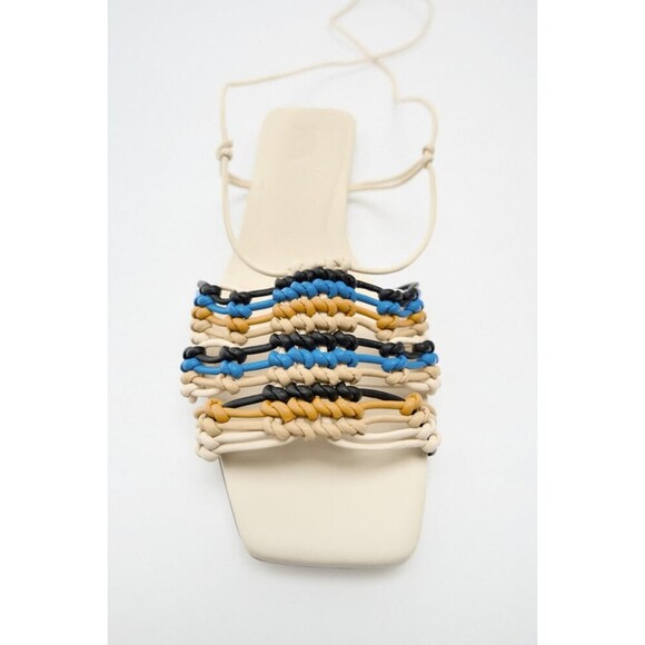 Zara Multicolor Woven Knotted Square Open-Toe Ankle-Wrap Low Heel Sandals (NWT) - Picture 2 of 6